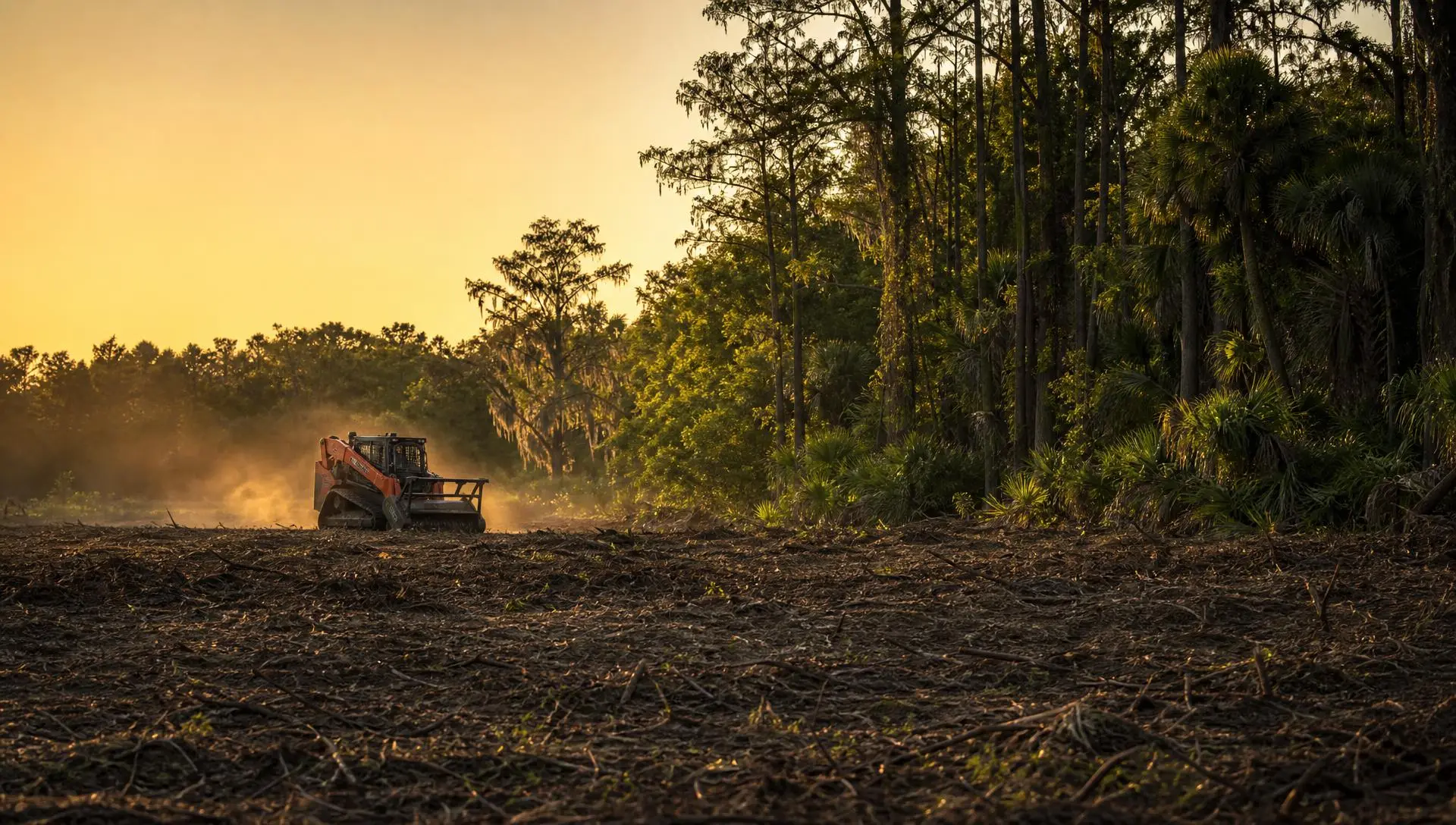 Skid steer with forestry mulcher clearing a Florida property at golden hour